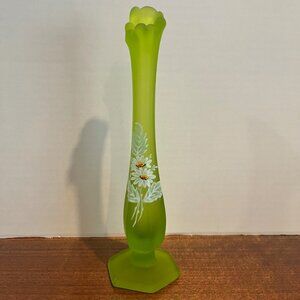 Vintage Westmoreland Green Mist Daisy Swung Finger Satin Glass Bud Vase